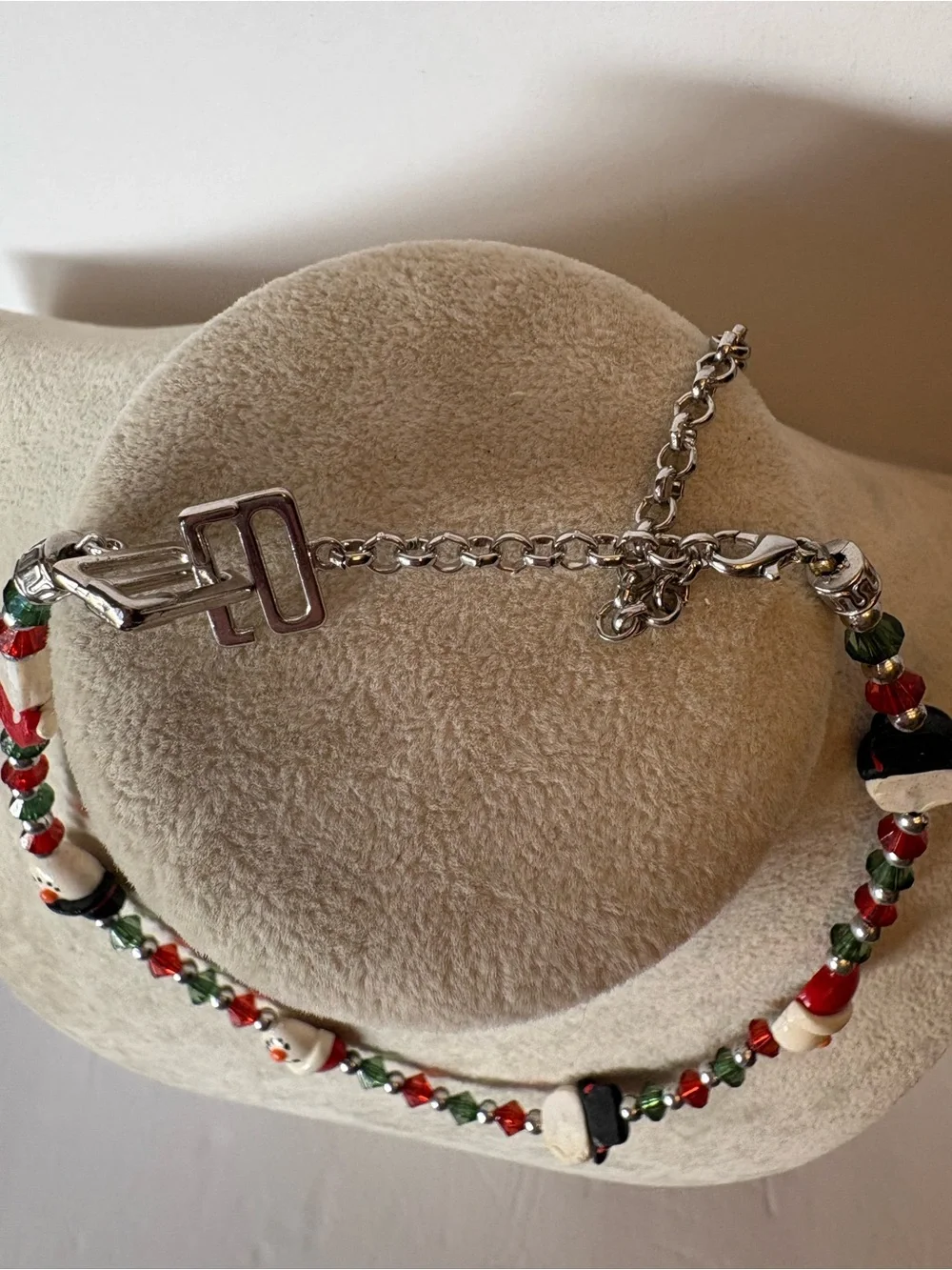 Christmas Snowman Necklace Red Green Holiday Beaded Necklace Winter Jewelry